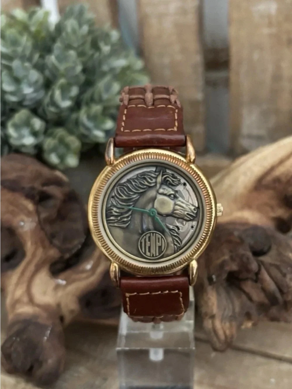 Vtg. RARE One-of-a-kind Tempi Brass Horse Head Genuine Leather Watch NEW!